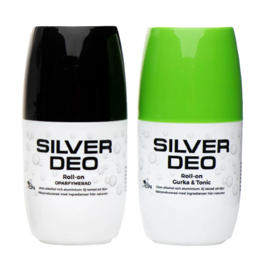 Silver Deo, oparfymerad, eller med en fräsch doft av gurka & tonic.