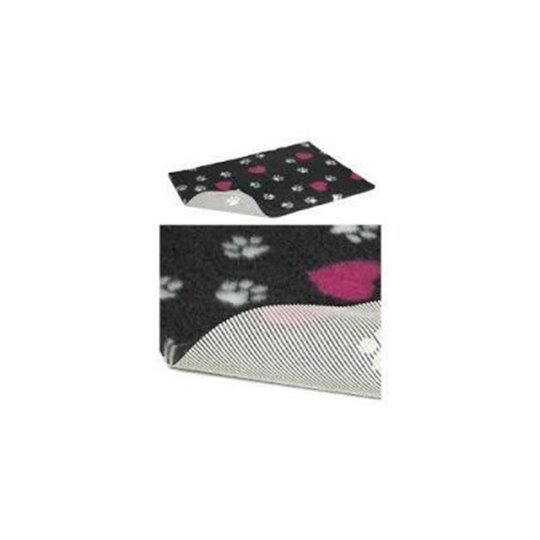 Vetbed Non-slip, svart med vita tassar och rosa hjärtan,-Large - 102x76cm