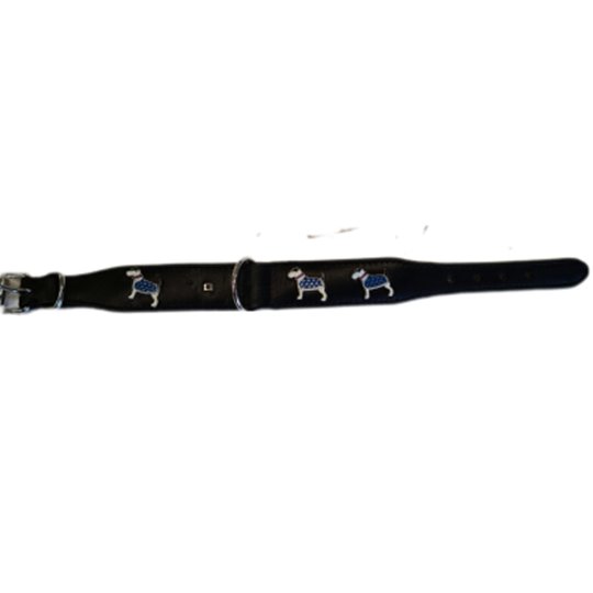 Hundhalsband läder Lena Russel med blå hundsmycke (30cmx25mm svart)